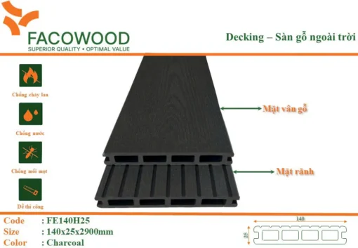 Sàn Gỗ Ngoài Trời Facowood Fe140h25 Charcoal