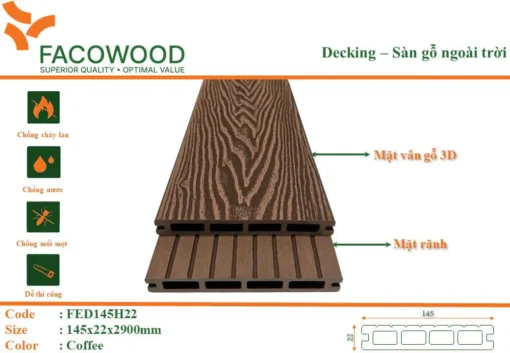 Sàn Gỗ Ngoài Trời Facowood Fed145h22 Coffee