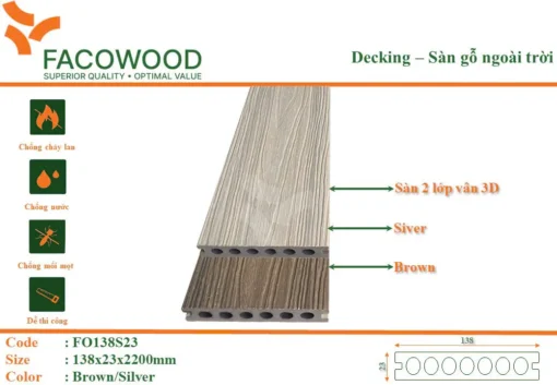 Sàn Gỗ Ngoài Trời Facowood Fo138s23 Brown Silver