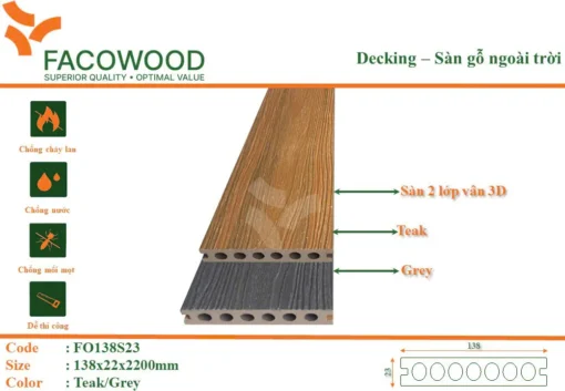 Sàn Gỗ Ngoài Trời Facowood Fo138s23 Teak Grey