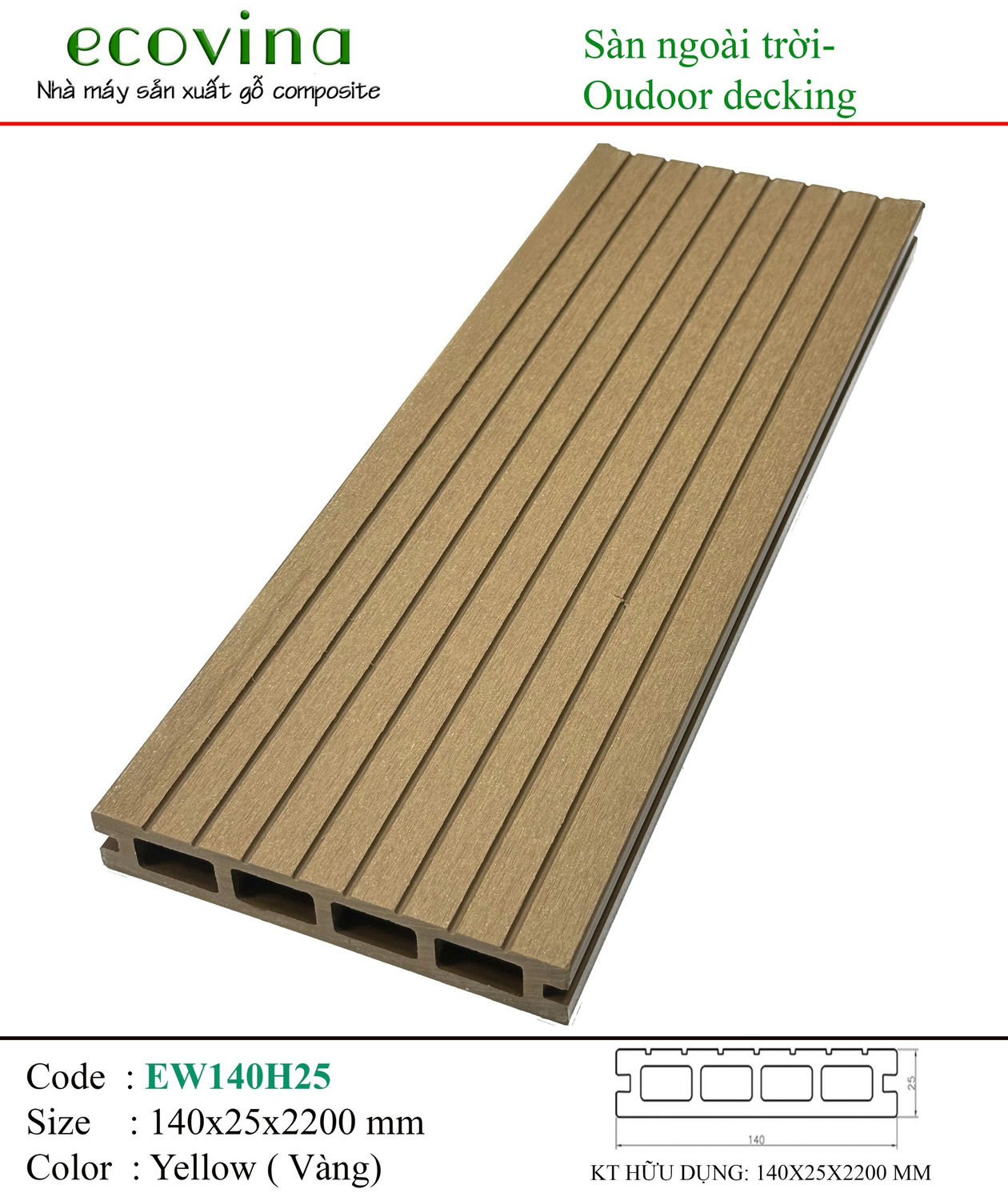 Sàn Gỗ Ngoài Trời Ecovina 2d Ew140h25 Yellow