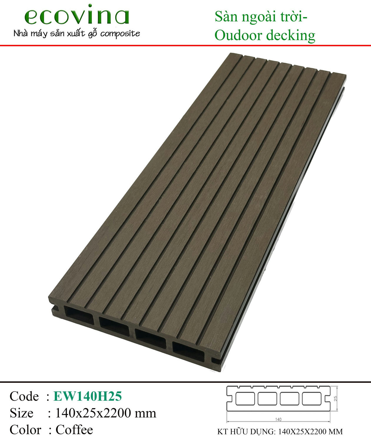 Sàn Gỗ Ngoài Trời Ecovina 2d Ew140h25 Coffee