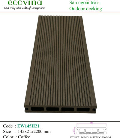 Sàn gỗ ngoài trời Ecovina 4 lỗ vuông 3D EW145H21 Coffee